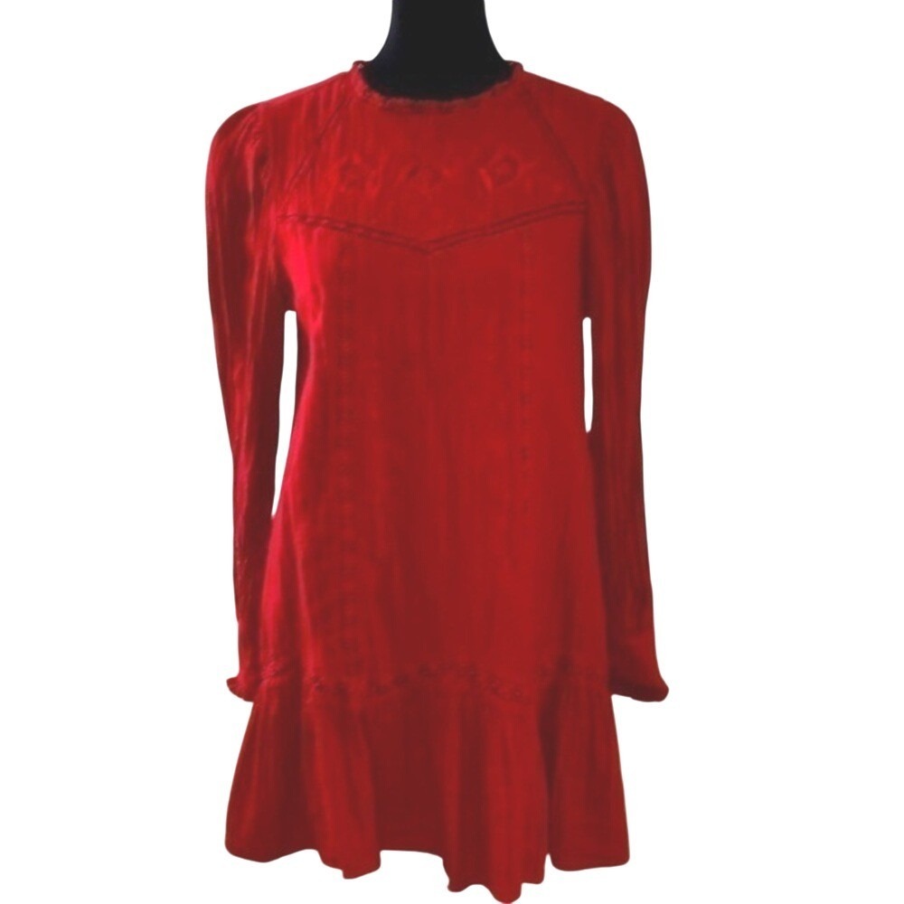 Zara Embroidered Lace Boho Mini‎ Red Dress Small